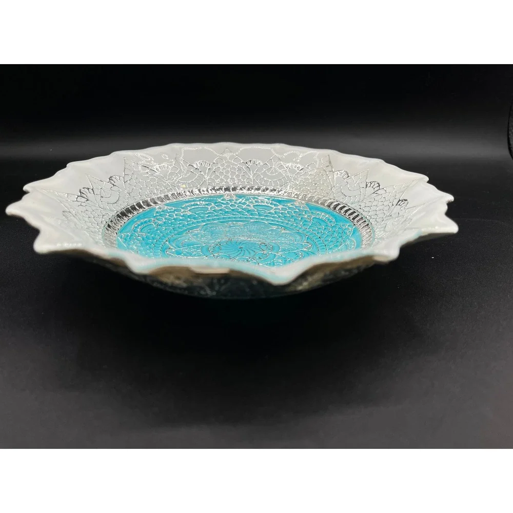 Efe Glass Turkish Bowl Teal Silver Lace Mandala 100% Genuine Silver‎ Glaze